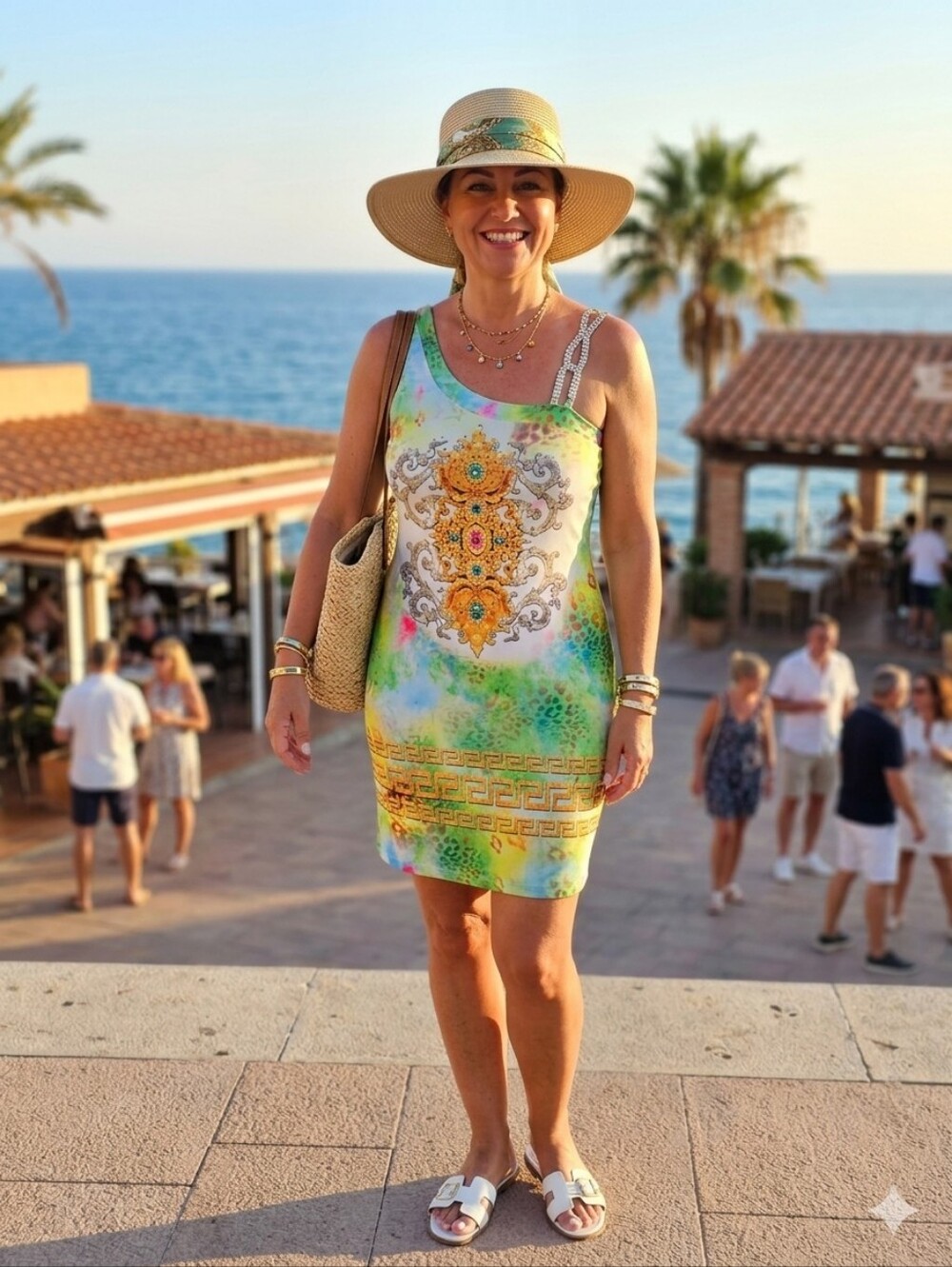 TRICOTTO Vibrante Robe Estivale - Détails Strass Et Motifs